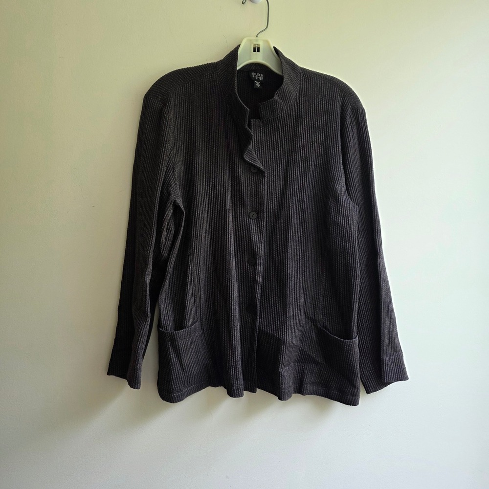 Eileen Fisher Large Cotton Linen Ribbed Button Cardigan Jacket Brown Minimalist